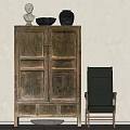Vintage Wooden Decorative Cabinet with Sculpture Vase and Bowl on Top and Black Director Chair Beside