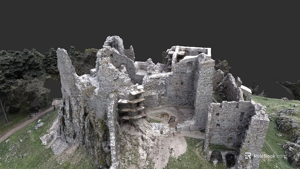 Garden Landscape With Ancient Castle Ruins Stone Structures And Lush Greenery 3d model 