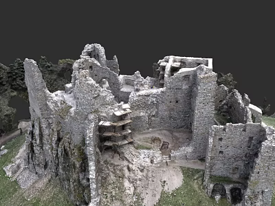 Garden Landscape With Ancient Castle Ruins Stone Structures And Lush Greenery 3d model