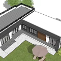 Modern Detached Villa Black And White Exterior Wooden Panels Large Windows Green Lawn Outdoor Seating