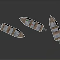 Three Small Boats With Wooden Seats And Metal Hulls On Dark Reflective Surface