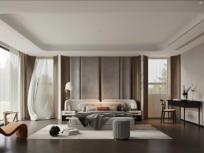 Modern Bedroom Interior Design With Comfortable Bed Soft Rug And Window Curtains 3d model