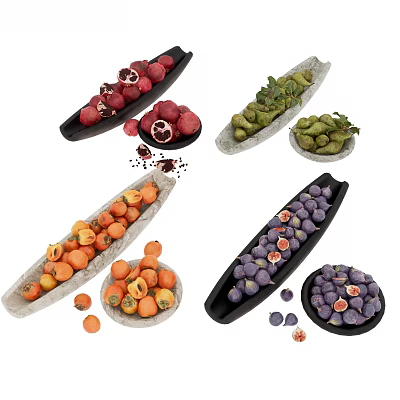 Fresh Assorted Fruits in Stone and Black Plates with Pomegranates Persimmons Figs and Scattered Seeds 3d model