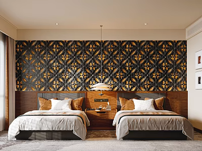 Hotel Guest Room Featuring Twin Beds Gold Patterned Wallpaper And Wooden Headboard Design 3d model