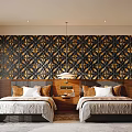 Hotel Guest Room Featuring Twin Beds Gold Patterned Wallpaper And Wooden Headboard Design