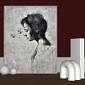 Abstract Painting with Grayscale Drip Effect on Red Wall Wooden Floor and Modern White Sculptures