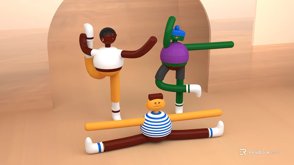 Colorful Dancing Dolls With Striped Shirts Yellow Pants And Wooden Arch Background 3d model 