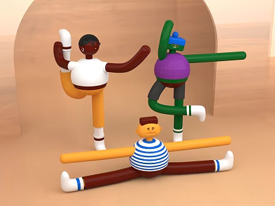 Colorful Dancing Dolls With Striped Shirts Yellow Pants And Wooden Arch Background 3d model
