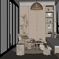 Modern Cozy Home Balcony Design With Sofa Coffee Table Decorative Shelves And Green Plants