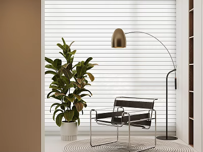 Modern Accent Chair in Interior with Floor Lamp and Green Plant Near Blinds 3d model
