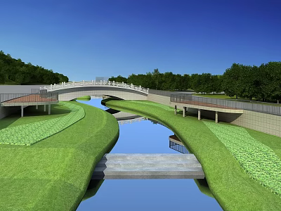 Scenic Waterfront Landscape With Curved River Stone Bridge Lush Grass And Trees 3d model