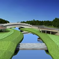 Scenic Waterfront Landscape With Curved River Stone Bridge Lush Grass And Trees