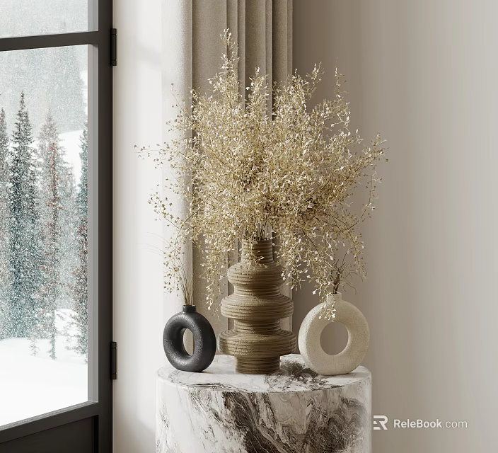 Golden Decorative Flowers in Woven Vase with Black White Vases on Marble Tabletop Snowy View 3d model 