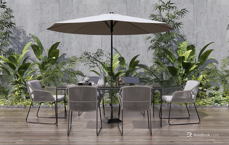 Outdoor Landscape Seating With Table Umbrella Green Plants On Wooden Floor 3d model 