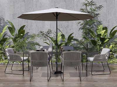 Outdoor Landscape Seating With Table Umbrella Green Plants On Wooden Floor 3d model