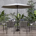 Outdoor Landscape Seating With Table Umbrella Green Plants On Wooden Floor