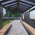 Modern Outdoor Pergola With Black Roof Metal Frame Bench And Information Display Board