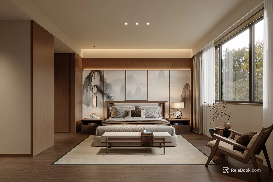 Modern Chinese Living Room Interior With Landscape Painting Backdrop Wooden Furniture And Large Windows 3d model 