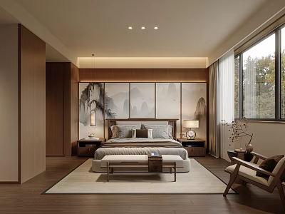 Modern Chinese Living Room Interior With Landscape Painting Backdrop Wooden Furniture And Large Windows 3d model