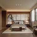 Modern Chinese Living Room Interior With Landscape Painting Backdrop Wooden Furniture And Large Windows