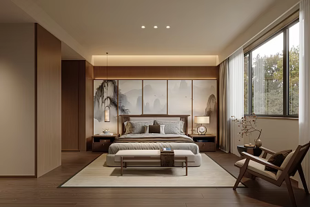 New Chinese Style Log Master Bedroom Song Style Aesthetics 3d model