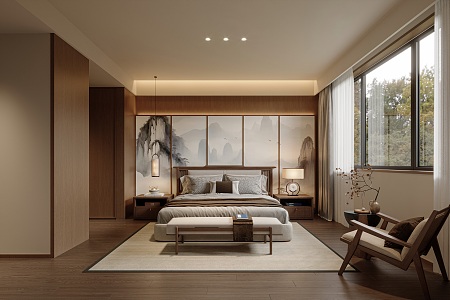 New Chinese Style Log Master Bedroom Song Style Aesthetics 3d model