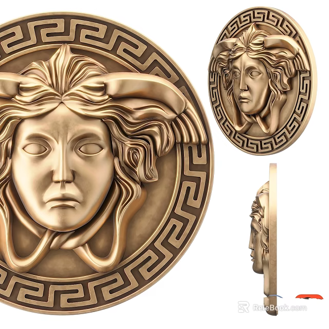 Golden Sculpture Component With Medusa Head Design Circular Geometric Border And Multiple Views 3d model 