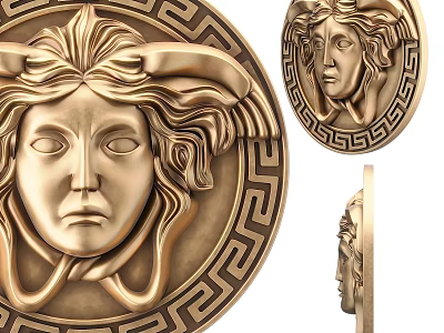 Golden Sculpture Component With Medusa Head Design Circular Geometric Border And Multiple Views 3d model