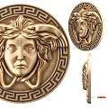 Golden Sculpture Component With Medusa Head Design Circular Geometric Border And Multiple Views