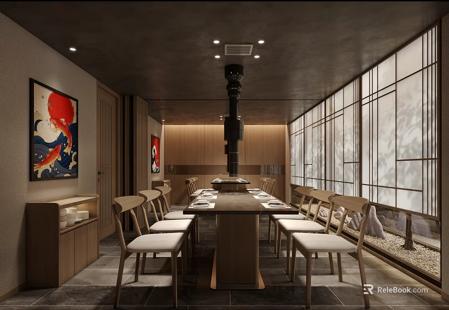 Japanese Style Private Dining Room With Long Wooden Table Chairs Grid Windows And Wall Paintings 3d model 