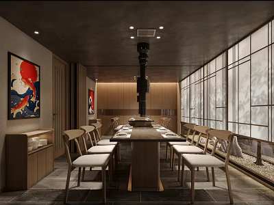 Japanese Style Private Dining Room With Long Wooden Table Chairs Grid Windows And Wall Paintings 3d model