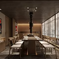 Japanese Style Private Dining Room With Long Wooden Table Chairs Grid Windows And Wall Paintings