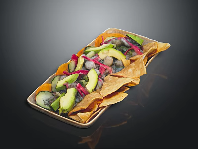 Delicious Mexican Food on Square Tray With Avocado Slices Red Onion And Crispy Tortilla Chips 3d model