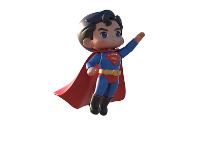 Cute Chibi Superman Flying Character With Blue Suit Red Cape And Logo 3d model
