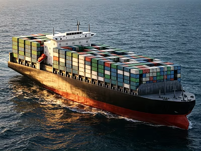 Large Container Ship Sailing on Ocean Loaded with Colorful Containers at Sunset 3d model