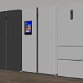 Modern Kitchen Featuring Different Styles Black and White Refrigerators with Digital Screens 3d model