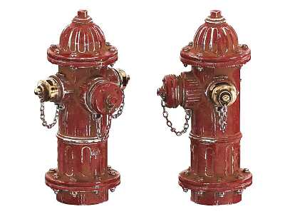 Red Fire Hydrants With Metal Chains And Classic Design Elements 3d model