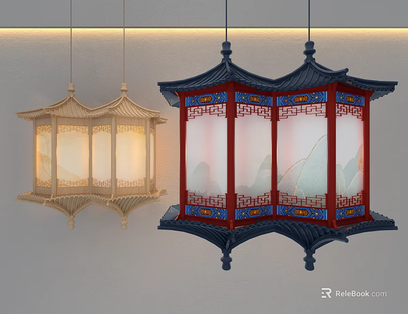Traditional Chinese Style Chandeliers With Lattice Design And Illuminated Landscape Patterns 3d model 