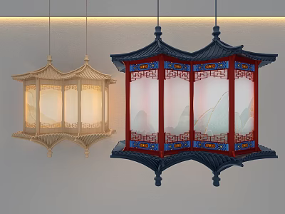 Traditional Chinese Style Chandeliers With Lattice Design And Illuminated Landscape Patterns 3d model