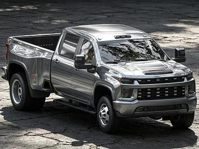 Chevrolet Silver Heavy Duty Pickup Truck With Double Cab Bed On Outdoor Paved Road 3d model