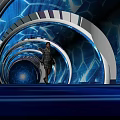 Futuristic Elevator Aisle With Blue Illuminated Hexagonal Patterns And Person Walking 3d model
