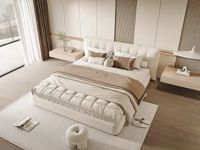 Modern Double Bed in Minimalist Bedroom with Plush Pillows Nightstands and Soft Rug 3d model