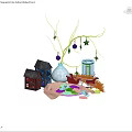 Winter Holiday Decoration Scene With Small Houses Red Sleigh Reindeer Cookies Lantern And Star Branches