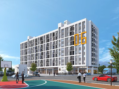 Modern School Building Exterior With Basketball Court Campus People And Cars 3d model