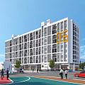 Modern School Building Exterior With Basketball Court Campus People And Cars