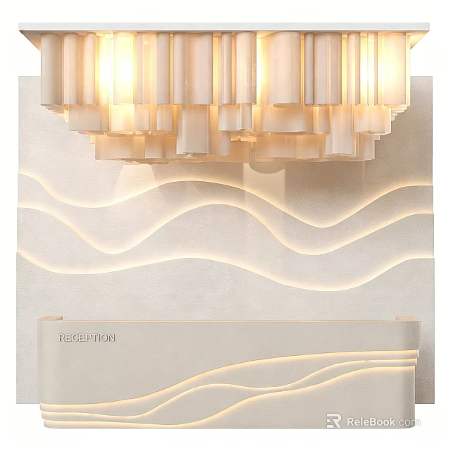 Modern Warm Cream Reception Desk With Wavy Recessed Ambient Lighting And Elegant Ceiling Chandelier 3d model 