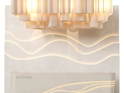 Modern Warm Cream Reception Desk With Wavy Recessed Ambient Lighting And Elegant Ceiling Chandelier 3d model