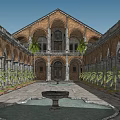 Historic Arched Courtyard Garden With Central Fountain Palm Trees And Reflecting Pool