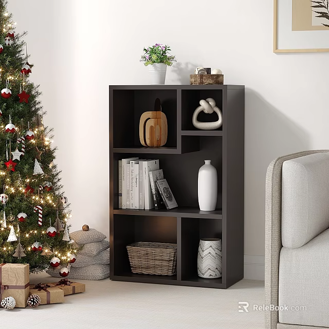 Christmas Tree Decorated With Stars Ornaments In Living Room Featuring Black Bookshelf Books Vase Sofa 3d model 