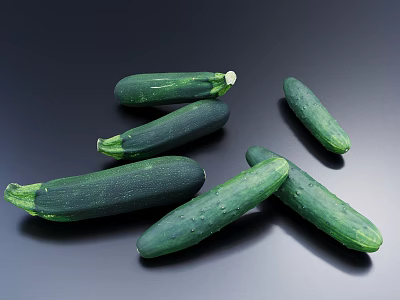 Fresh Vibrant Green Cucumbers and Zucchini Vegetables Arranged on Dark Background 3d model